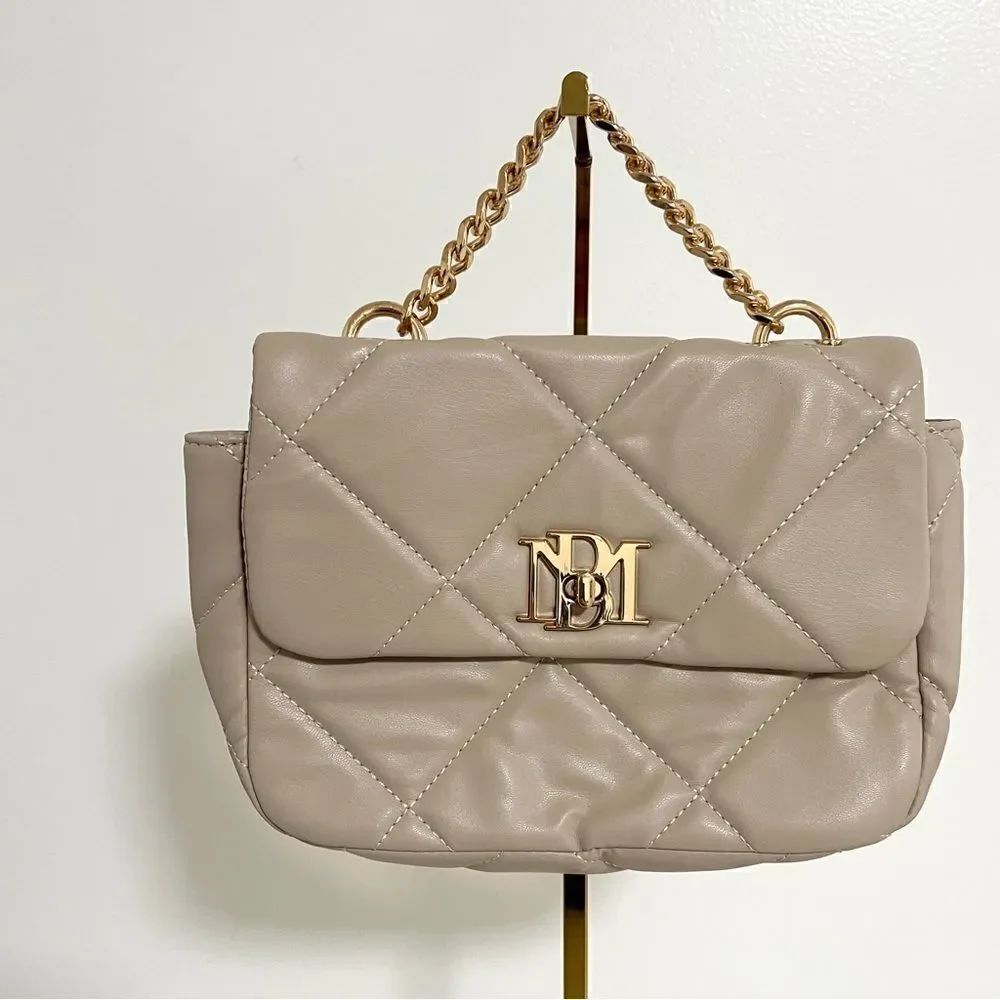 Badgley Mischka Vegan Leather Quilted Small Hand Bag Chain Handle Light Taupe